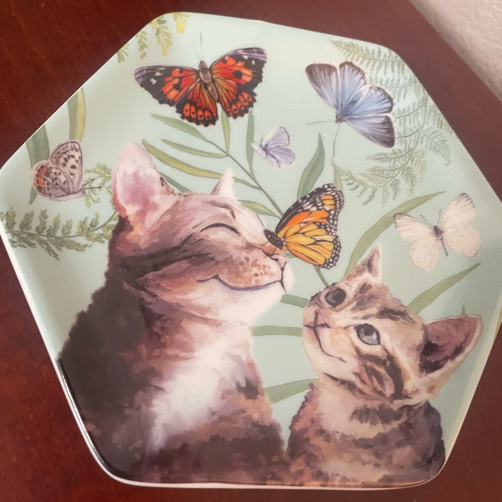 Cat and Butterfly Ceramic Trinket Dish Cathy Walters New